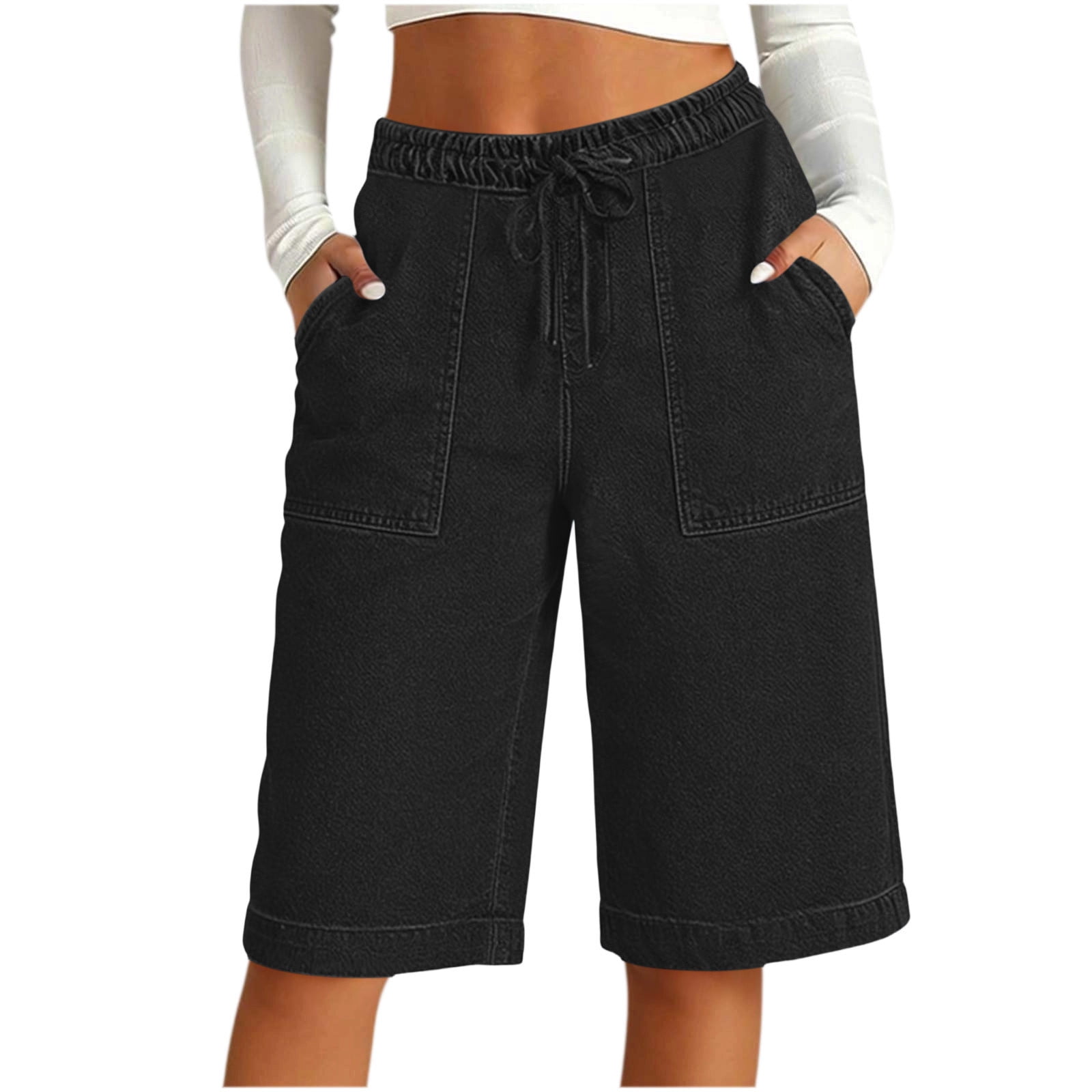 Vivianyo HD Women s Drawstring Elastic Waist Denim Bermuda Shorts Knee Length Wide Leg Casual Denim Shorts for Women Women s Black Sizes S-2XL