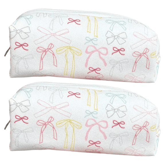 2 Pcs Bow Tie Pencil Case Set, Aesthetic Makeup Cosmetic Bag, INS-Style Travel Make Up Bag, Cute Kawaii Cosmetic Travel Pouch for Women, Stylish Stationery Storage Organizer