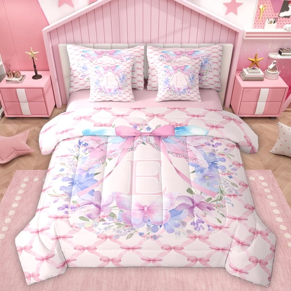 Homewish Ribbon Initial E Letter Twin Bedding Sets 7-Piece, Pink Flower Butterfly Bedding Comforter Set, Fairy Tale Princess Reversible Sheet Sets, Ultra Soft Bedroom Decor