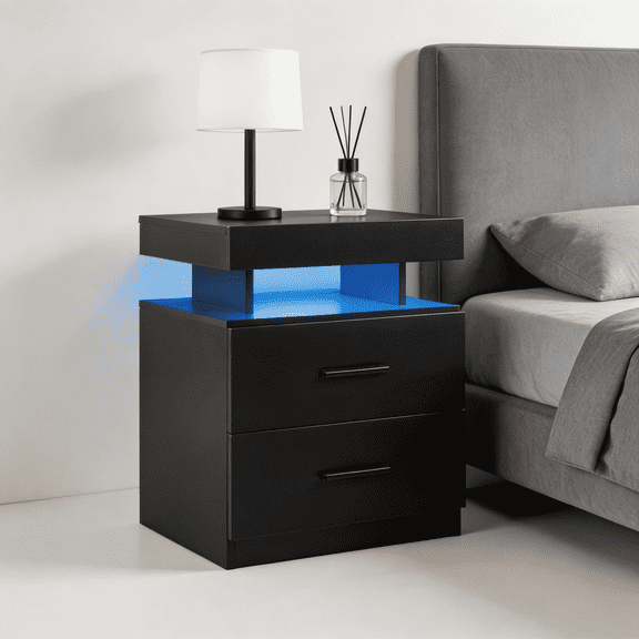 SAYGOGO Black Nightstand with RGB LED Lights, 2 Fabric Drawers, Modern End Table for Bedroom, Living Room, Office