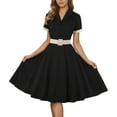 thumbnail image 2 of Letdown Women Notch Lapel Vintage V-Neck Swing Dress 50s 60s Button up 1950s Rockabilly Prom Midi Evening Solid Dress for Spring Fall (Black, L), 2 of 5
