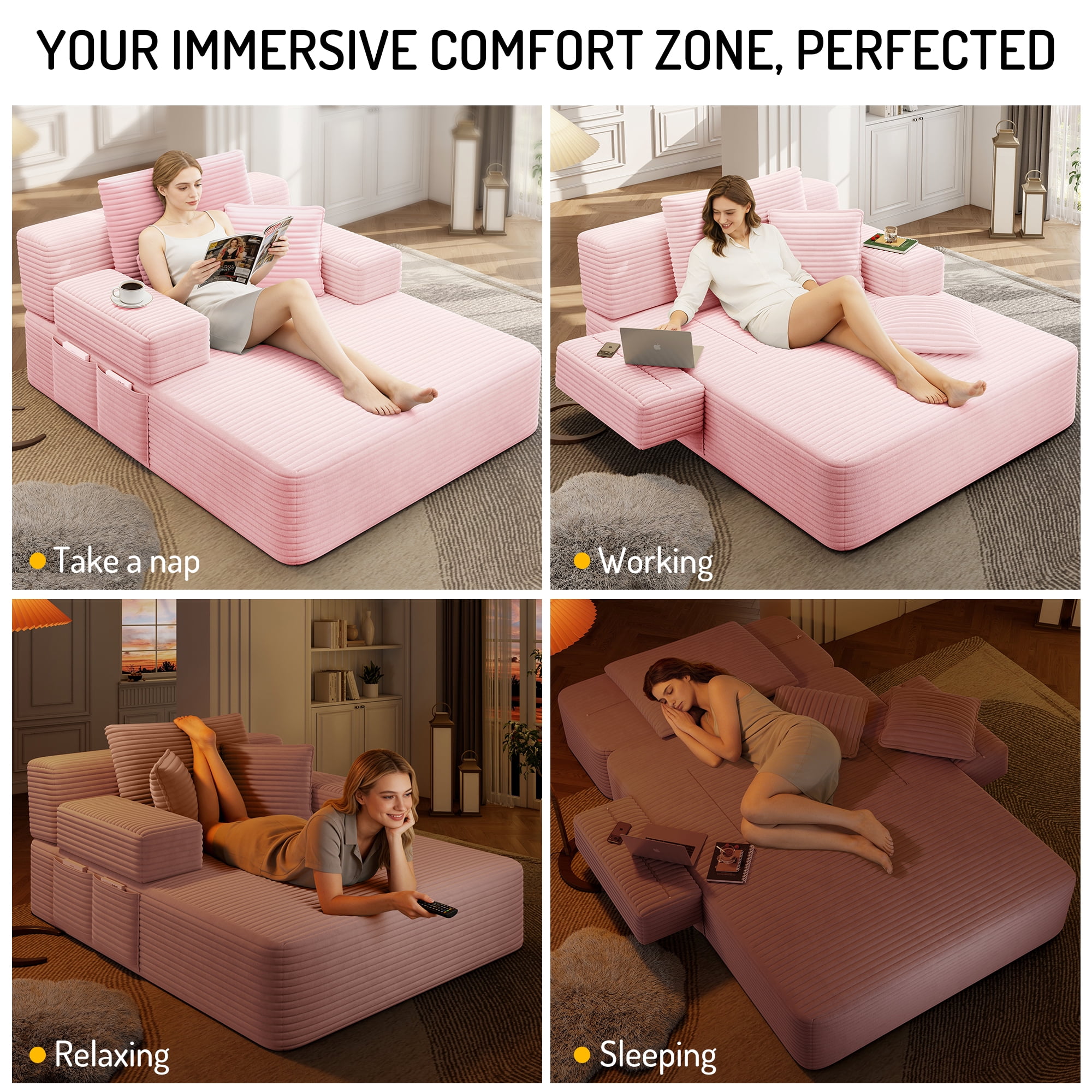 Avobird Luxury Plush Corduroy Chaise Lounge, Convertible Sofa Bed with Storage Pocket, Frameless Design, Specially Designed for Small Spaces and Apartments (Baby Pink)