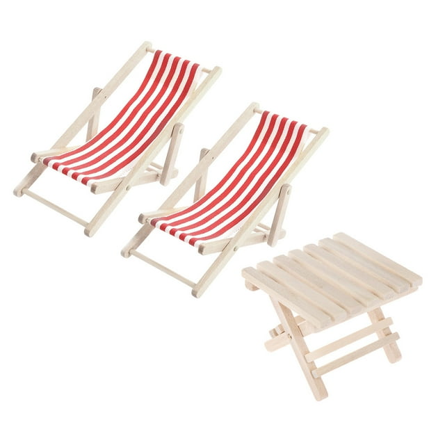 1 Set 1/12 Mini House Miniature Furniture Model Wooden Lounge Chair Beach Chair Set for Kids (Red 2pcs Lounge Chair and 1pc Foldable Beach Table)