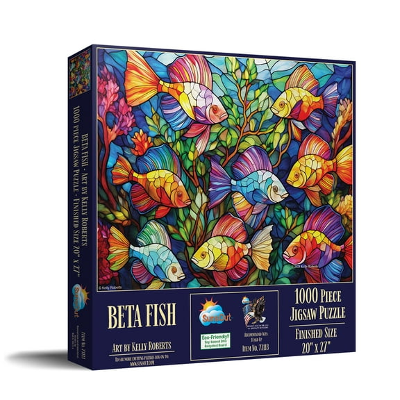 SUNSOUT INC - Beta Fish Stained Glass - 1000 piece Jigsaw Puzzle for Adults by Artist: Kelly Roberts - Finished Size 20" x 27" - MPN# 73113