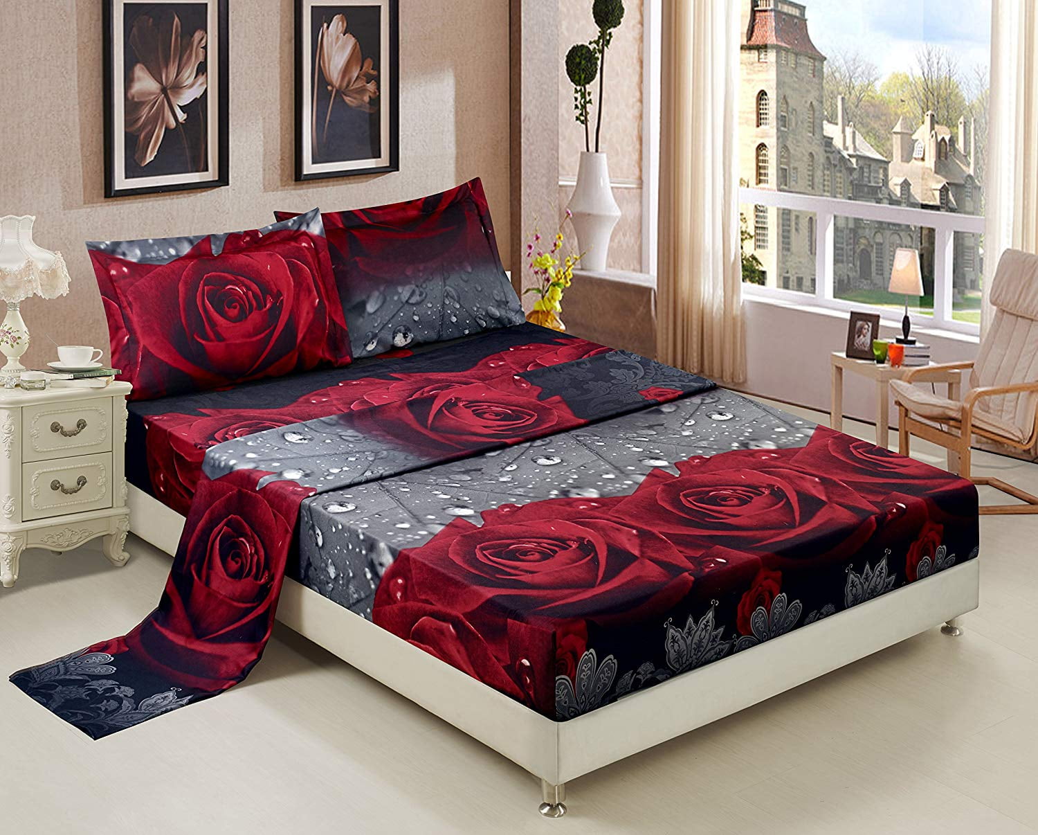 Microfiber King Size Bed Floral Printed Bed sheet  With Pillow Covers 