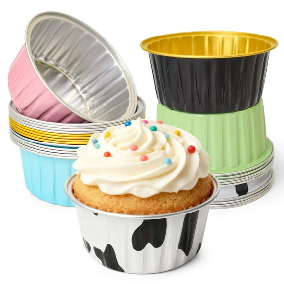 25-Pack 5oz Multi-Color Disposable Aluminum Foil Baking Cups, Mini Ramekins for Creme Brulee, Cupcakes, Cheesecake, Desserts, Party Serving