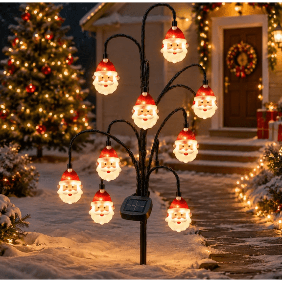 Santa Face Lights Christmas Solar Tree Stake Lights Outdoor Yard Decor, Warm White LED Solar Pathway Lights