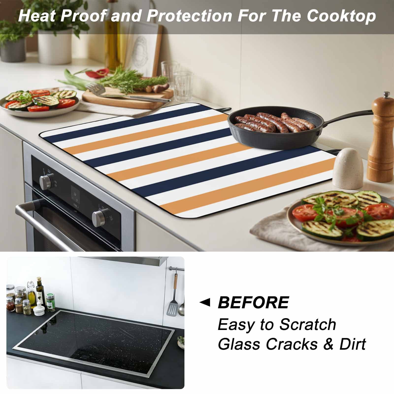 Burnt Orange Navy Blue Striped Stove Top Cover for Electric Stove, Heat-proof & Non Slip Glass Top Stove Cover Protector, Farmhouse Stripe Art Kitchen Flat Cooktop Rubber Mat 31x24 Inches
