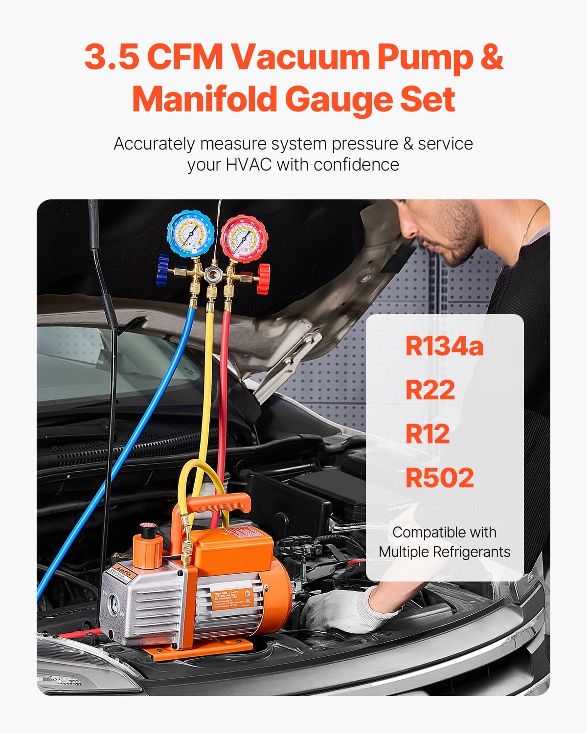 KFFKFF 3.5 CFM AC Suction Pump and Measurement Kit, One Phase Rotary Blade HVAC Air Suction Pump, A/C Coolant Manifold Measurement Set, inclusive of Tubes, Air Cooling Refrigeration