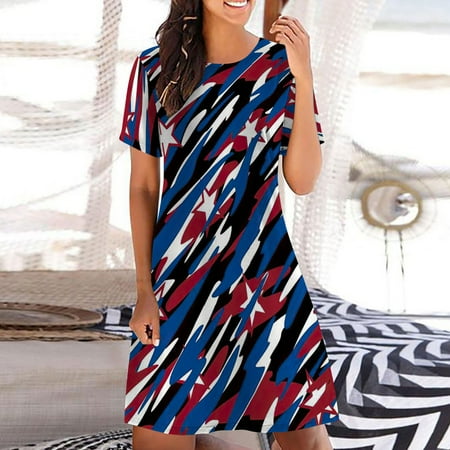 

Hvyesh Womens Summer Dresses 2023 Plus Size Elegant Midi Dress 4th of July Graphic Crewneck Sundresses Short Sleeve Comfortable Dresses Multicolor