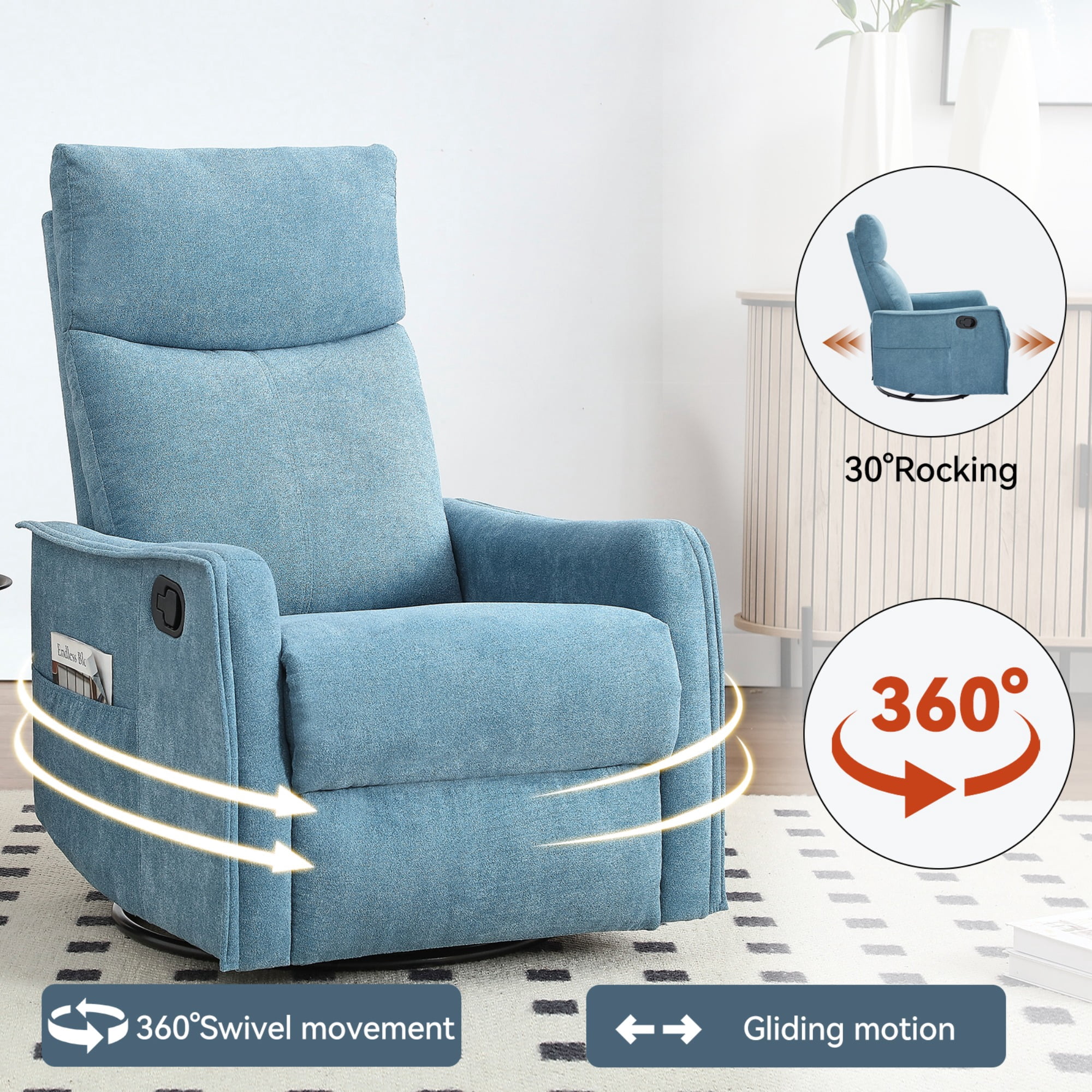 JXXRZ Heated Massage Swivel Rocker Recliner Chair w/ Manual Recline & Breathable Fabric, Blue