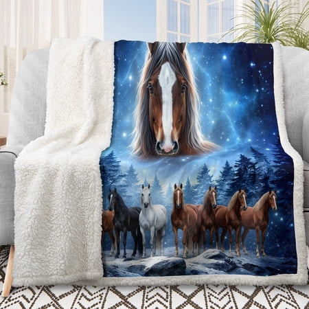 Sleepwish Horse Blanket, Blue Sherpa Throw Blanket for Couch Sofa Galaxy Horse Themed Throw Blanket for Decor, 50x60"