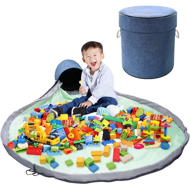 Sturdy Dog Toy Bin, Versatile Storage Solution Slide and Play Mat for Building Blocks Organizer, Quick Cleanup System Encourages Independence (Blue)