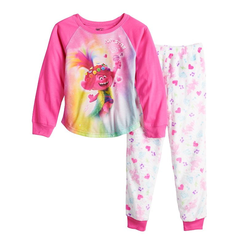 Girls Kids Official Trolls Poppy White Dark Pink Short Sleeve Pyjamas PJs