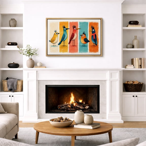 Framed Canvas Wall Art Colorful Folk Birds Print for Living Room Decoration - 16"x24" NATURAL