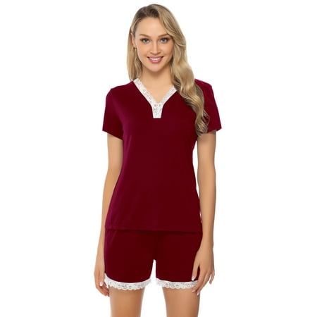 

Purcoar Women s Short Sleeve Sleepwear 2 Piece Cute Lace Pajama Set