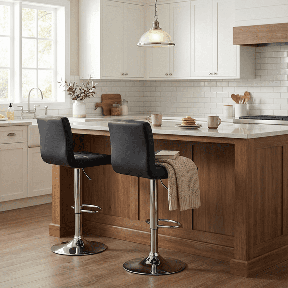 LIFERECORD Set of 2 Modern Swivel Bar Stools with Back - Height Adjustable, PU Leather Counter Stools for Kitchen Island & Bar, Black