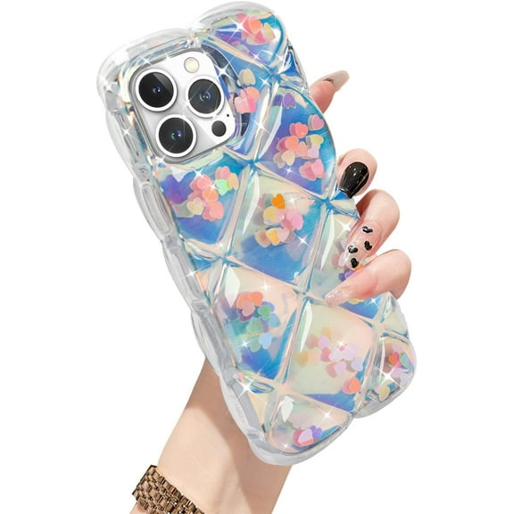 for iPhone 13 Pro Max Case Cute Glitter Bling Laser Love Heart Purple Pink Diamond Crystal Soft TPU iPhone 13 Pro Max Case for Girls Women, Full Body Protection Cover