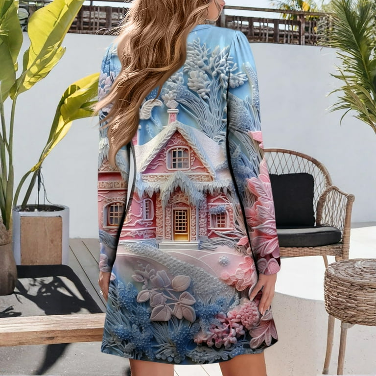 flowy christmas party dress Women's Christmas Printed Dress Loose Fit V-Neck Casual Long Sleeze Holiday  Party Dress, Flowy A-Line Vintage Style with Festive Pattern,Sky Blue,Size  2XL