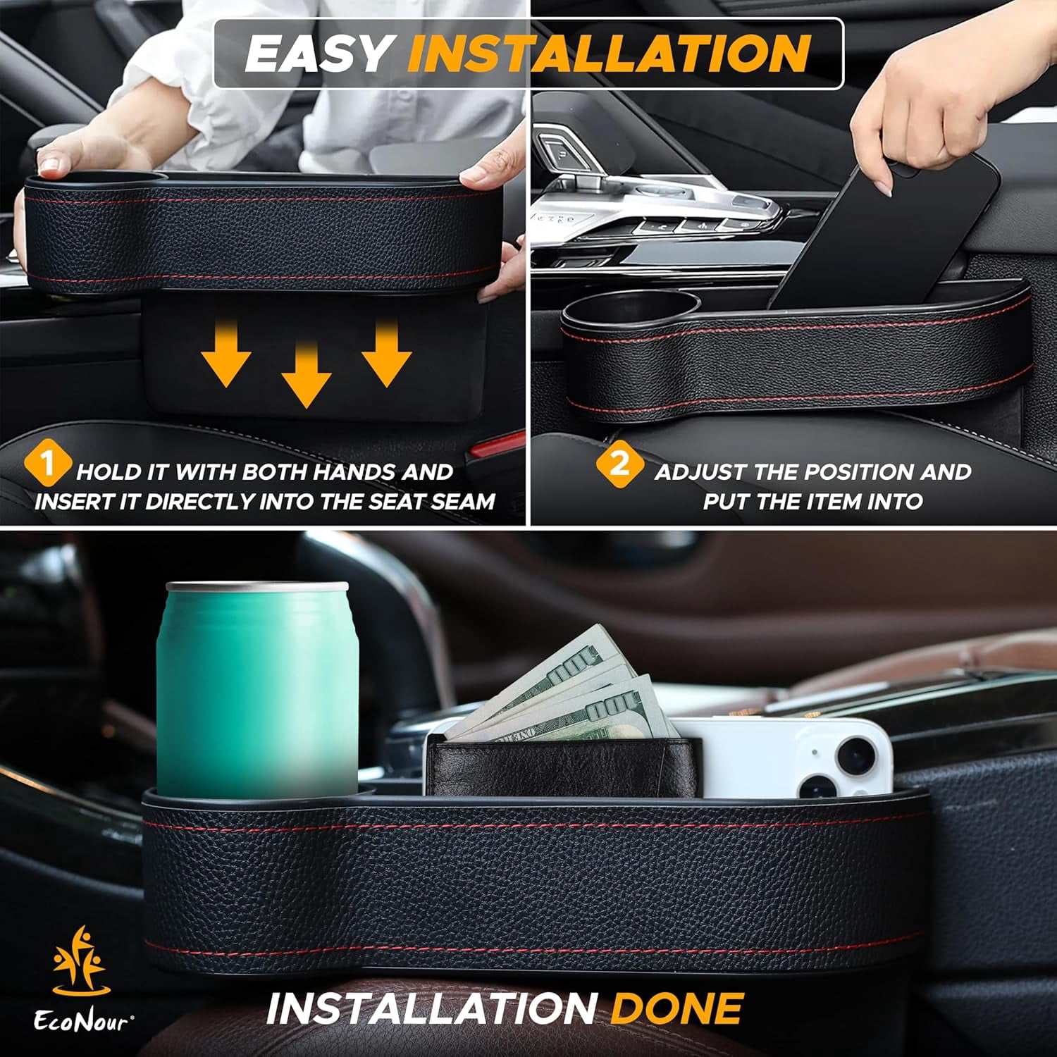 EcoNour Car Seat Gap Filler with Cup Holder & Headrest Hooks - 2 Pack Car Organizer
