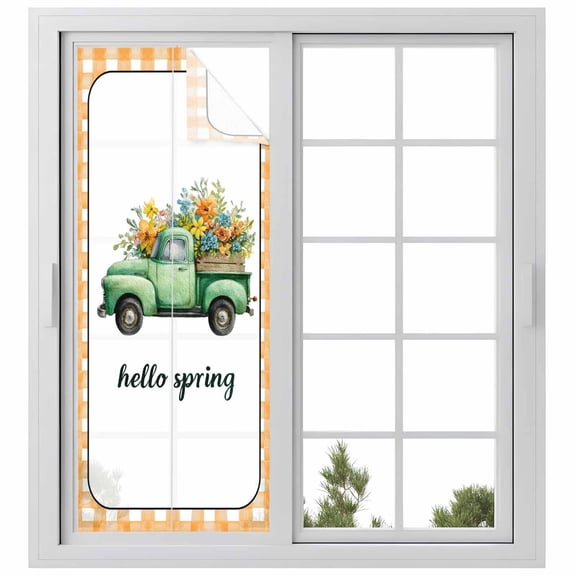 Hello Spring Window Privacy Film, Easter Flowers Green Truck Floral Orange Plaid Static Cling UV Sun Blocking Heat Control Window Tint Day and Night, Non-Adhesive One Way Privacy Cover 23.6''x59''