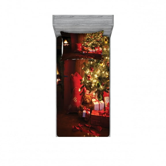 Ambesonne Christmas Fitted Sheet & Pillow Sham Set, New Year Xmas Trees, Twin, Red Yellow