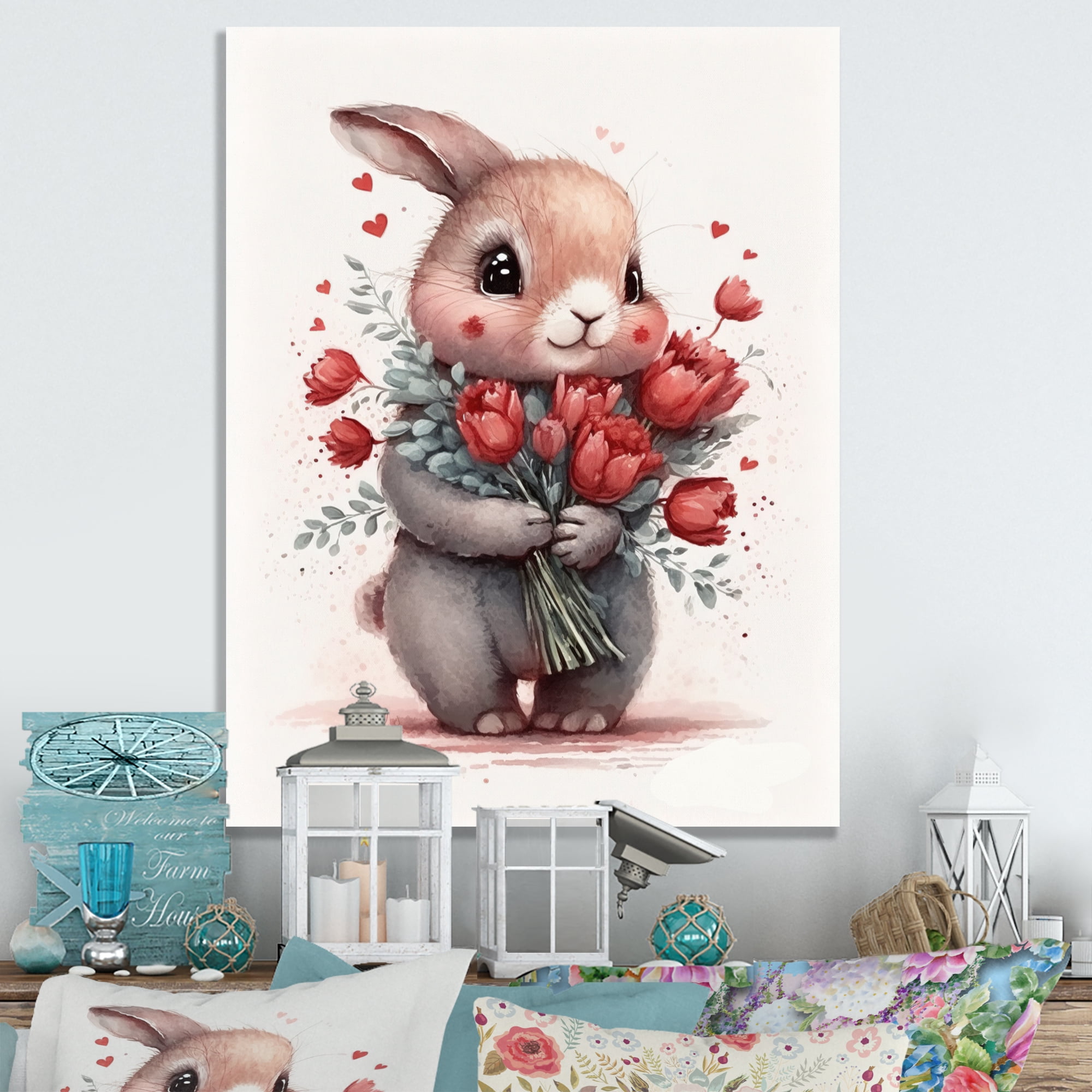 Designart Bunny Love Holding Flowers I Canvas Wall Art