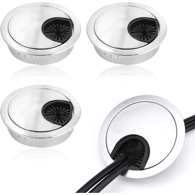 pasacables para escritorios redondos, 4 piezas tapa para pasar cables y alambres para mesas, oficina, hogar - cubierta de plástico para cables de computadora, mouse, tv, teléfono - diámetro 60 mm plat, cuatro ojales redondos color plata con tapa giratoria de 360° y cepillo interior negro; composición muestra vistas frontales y un detalle con tres cables negros pasando por el orificio; también suelen usarse para guiar y ocultar cables en muebles verticales y estaciones de trabajo.
