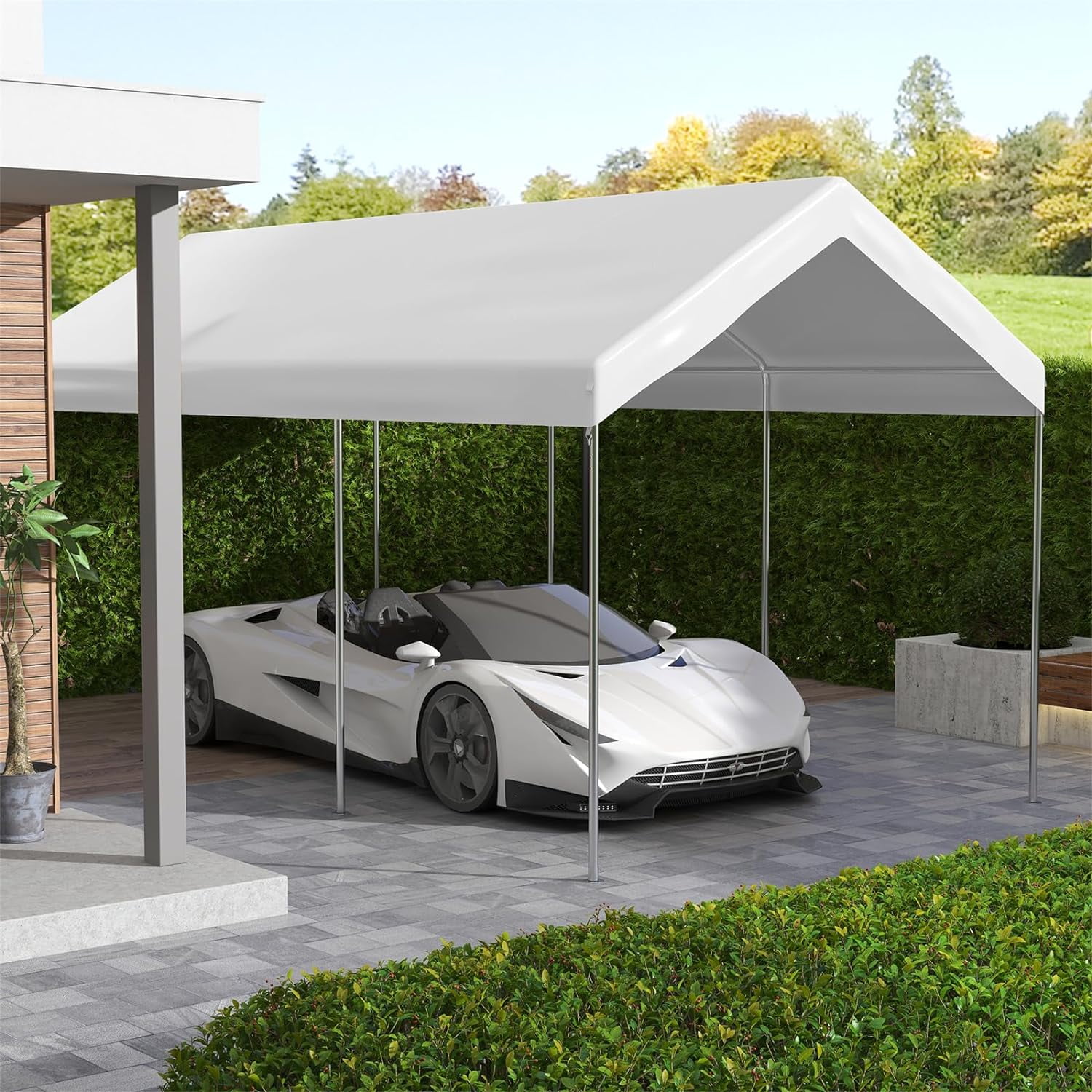10x20 Canopy Replacement Cover, Heavy Duty Carport Canopy, UV Resistant Car Tent Cover, Water Resistant Car Port Cover with Ball Bungee Cords, White, Only Cover
