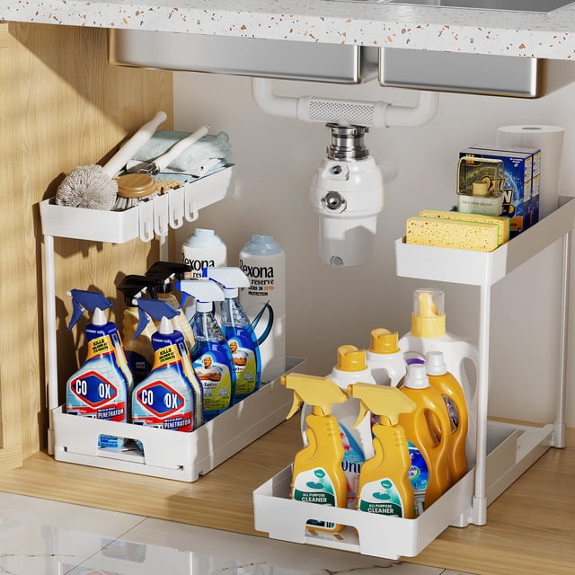 Organizador Delamu para debajo del fregadero, 2 unidades, 2 niveles, en forma de L, blanco
