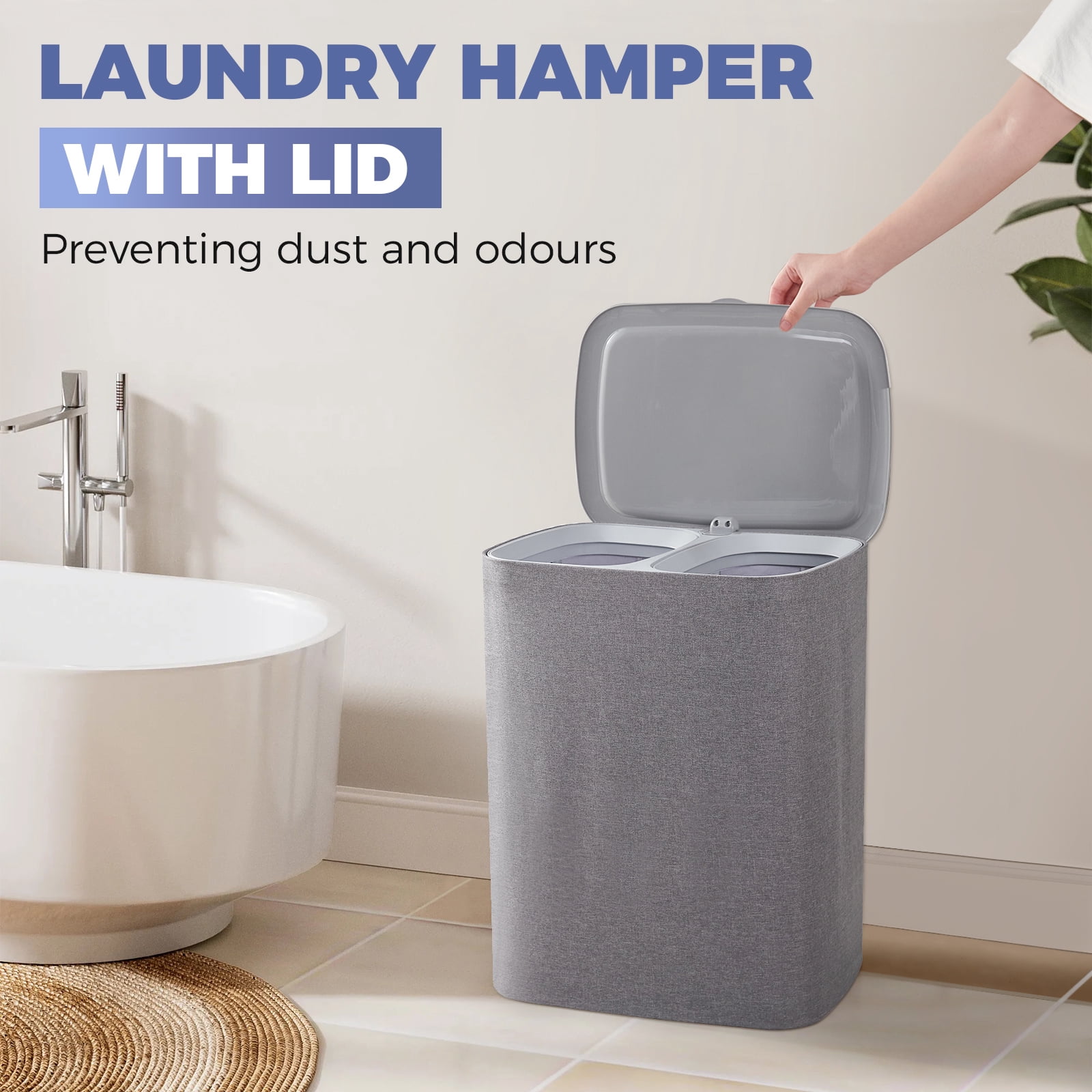 2-Section Laundry Hamper with Lid & Removable Bags, Foldable Clothes Sorter Organizer for Bedroom/Bathroom, 600D Oxford Fabric Storage Bin Portable Clothes Organizer for Home, Dorm, Apartment