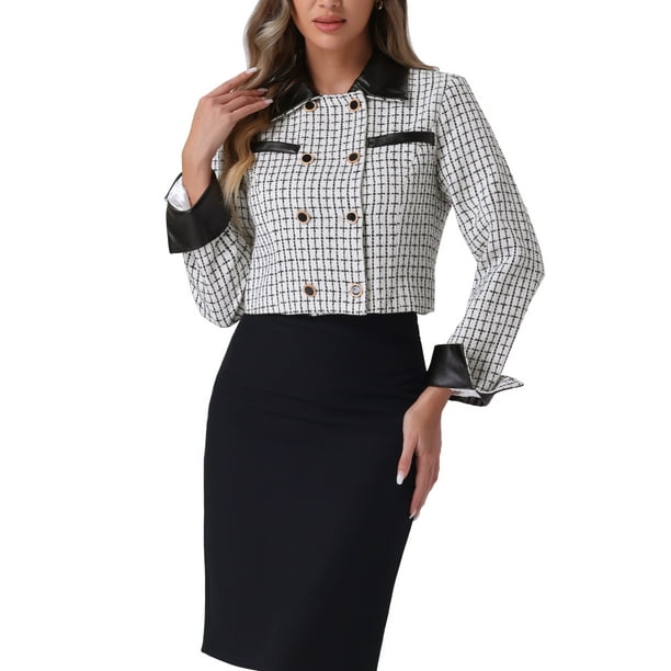 CHAQUETAS CORTAS DE TWEED INSPIRADORAS PARA MUJERES, CON SOLAPA DE CONTRASTE, BLAZER VINTAGE A CUADROS, TALLA XL, BLANCO