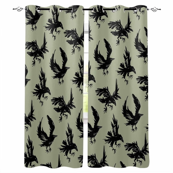 Fsddascl Halloween Blackout Curtains for Bedroom/Living Room, Thermal Insulated Kitchen Curtains, Sage Green Vintage Crow Horror Black Birds Grommet Darkening Window Treatment Drapes 27.5"x39"x2