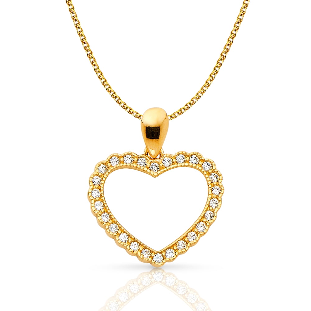 14K Yellow Gold Open Fancy Heart Round Cut Cubic Zirconia CZ Charm Pendant For Necklace or Chain