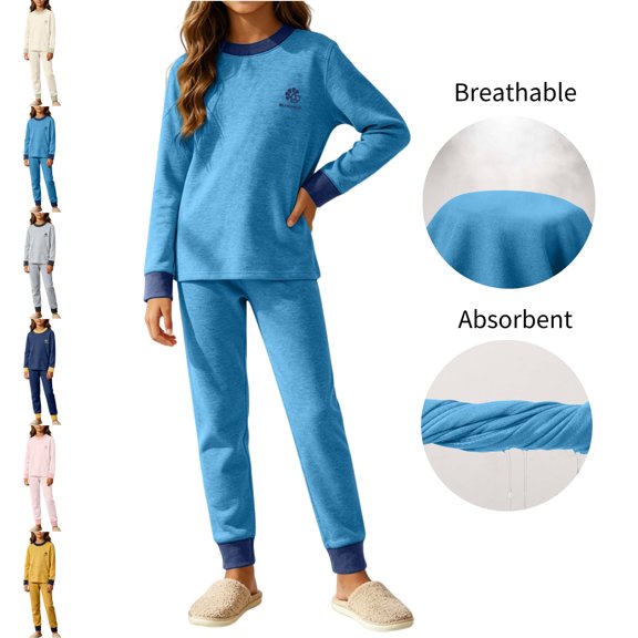 LEKWK Teen Boys Girls Pajamas Long Sleeve Tops and Elastic Waist Pants Kids Loungewear 2 Piece Outfits Fall Winter Comfy Casual Homewear 4-16Y
