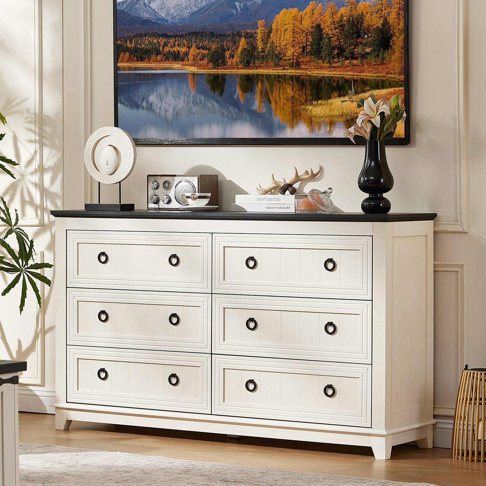 Joaxswe Dresser for Bedroom, Wide Dresser with 6 Drawers and Antique Handles, Chest of Drawers for Living Room, Entryway and Hallway, White