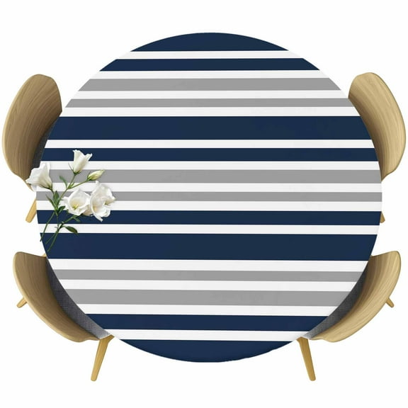 Dark Blue Gray Fitted Tablecloth with Elastic Edged, Round Table Cloth for Dining Table, Horizontal Stripe Minimalist Geometric Waterproof Oil Proof Table Cover for Indoor Outdoor 55"-60"