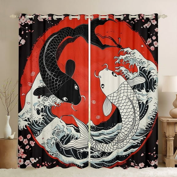 Japanese Ukiyoe Koi Fish 30%-50% Blackout Curtains 42"Wx90"L,Ocean Surfing Curtains & Drapes Gossip Koi Fish Cherry Blossom Window Curtains Exotic Koi Animal Sakura Floral Room Decor 2 Panels