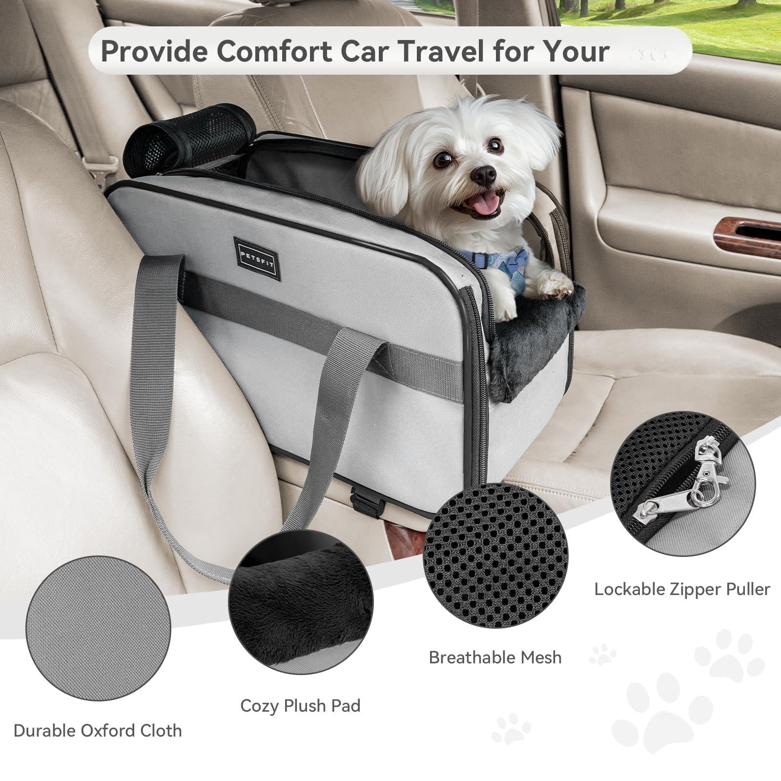 Multipurpose Console Dog Car Seat  Portable Small For Dogs Cat Carrier Pet Airline Approved With Safety Tether And Pockets (light Grey)