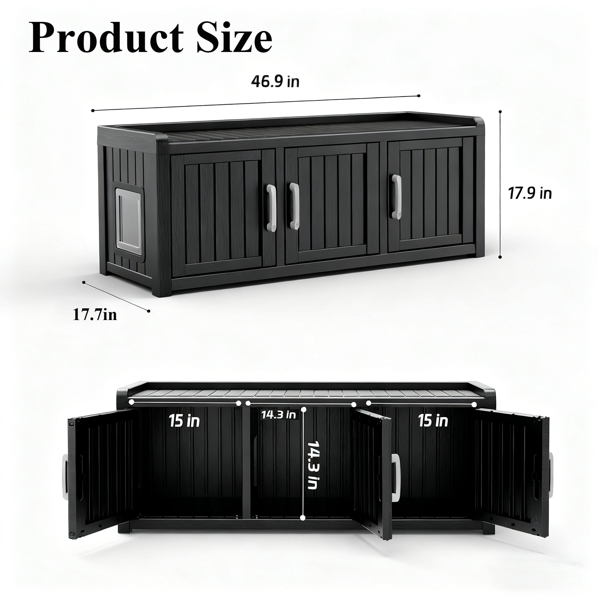 Decksplore Hidden Cat Litter Furniture (46.9"x17.6"x17.8"), HDPE Cat Cabinet, Three-Door, Cat Litter Box Storage for Bedroom, Courtyard (Black)