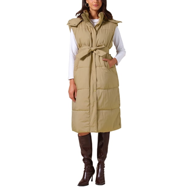 INSPIRE CHIC Chaleco de Invierno sin Mangas con Capucha para Mujeres, con Bolsillos y Cinturón, Color Marrón