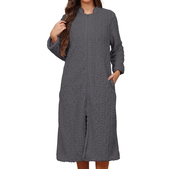 Long Hooded Zipper Bathrobe for Womens Flannel Robes Color: Dark Gray Size: M