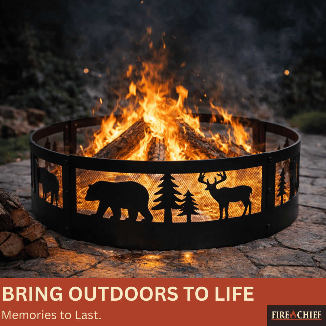 Fire Chief 36 Inch Fire Pit Ring – Heavy Duty Wood Burning Fire Ring Insert with Decorative Wildlife Design – Outdoor Steel Campfire Bonfire Pit Insert for Backyard Patio Camping