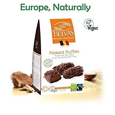 - vegan chocolate gourmet truffles - 72% cacao, gluten free, fair trade, bio organic hand crafted superb belgian chocolate flaked truffles - award winning vegan candy delights. 3.5oz/100gr.