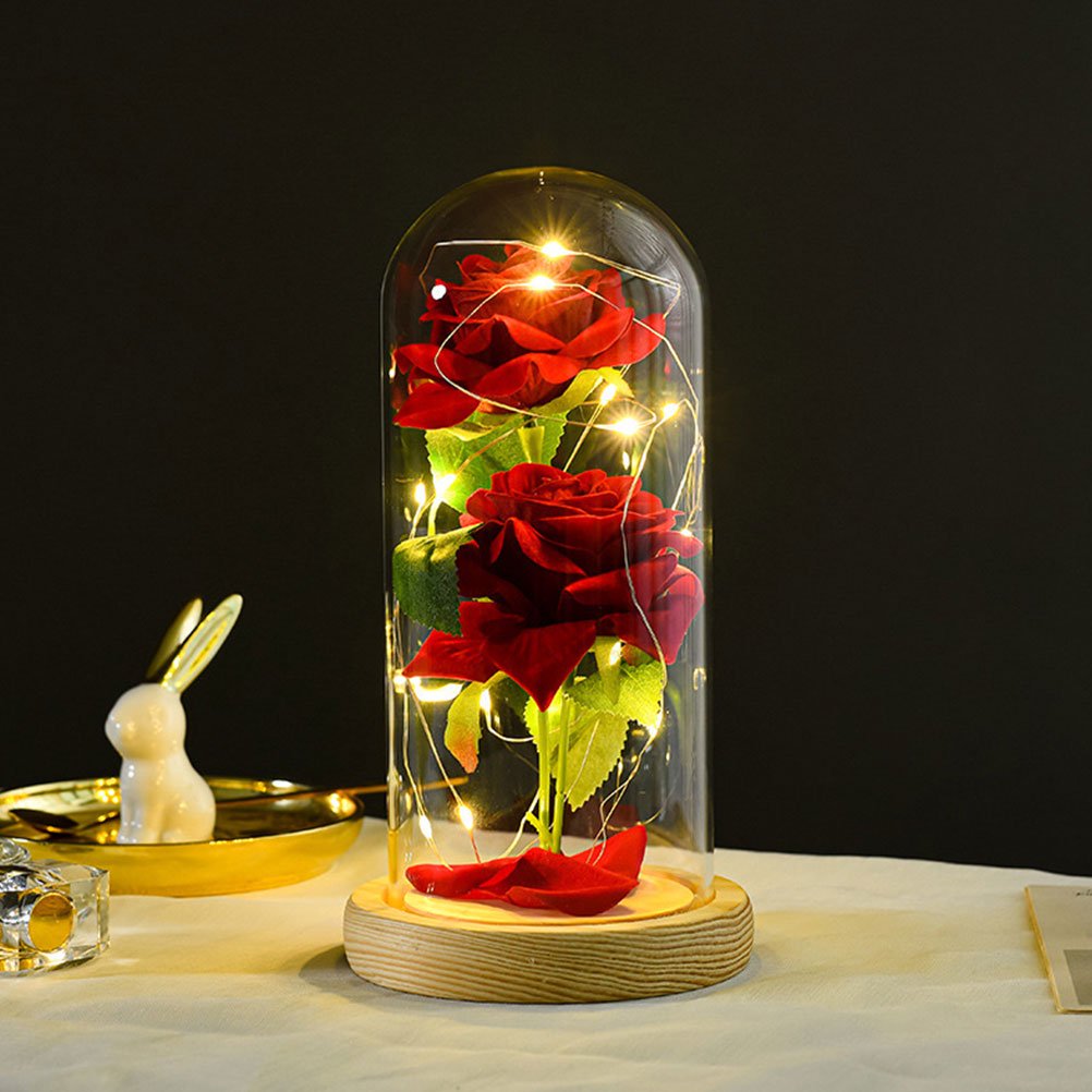 FOMIYES Multi Color Fake Rose with LED Light Glass Dome Indoor Decoration