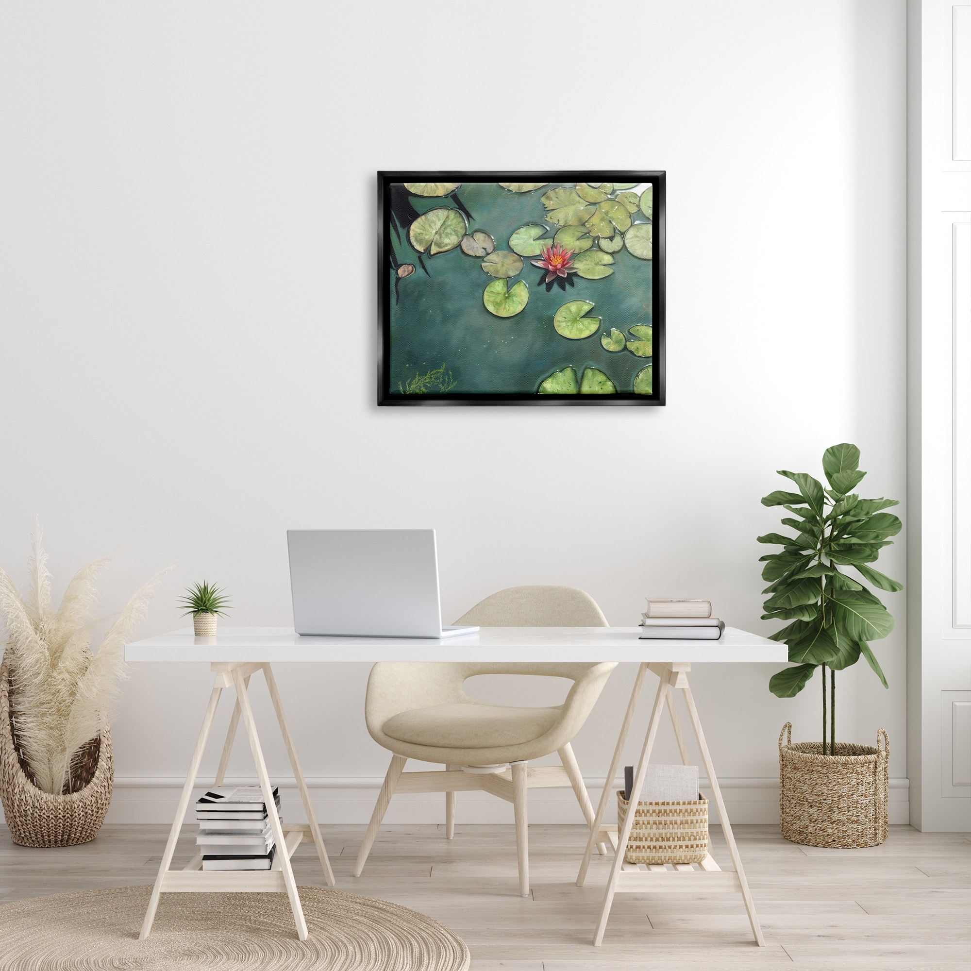 Stupell Industries Pond Lily Lotus Blossom Floating Peaceful Botanicals Painting Jet Black Floating Framed Canvas Print Wall Art, Design by David Stribbling