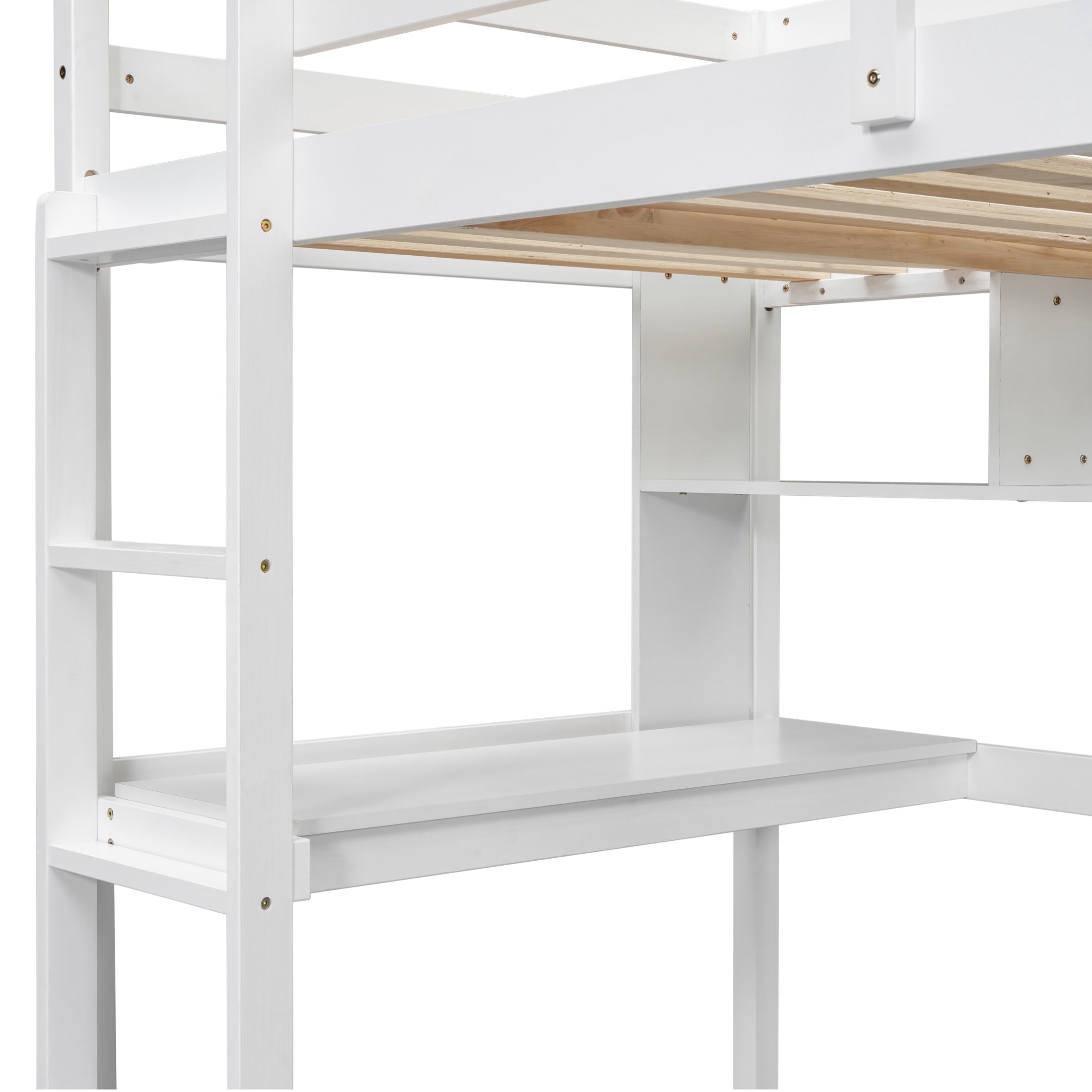 Noble House Sparkling Twin Loft Bed with Built-In Desk and Shelves, Pine Wood Frame with Ladder and Guardrails, White