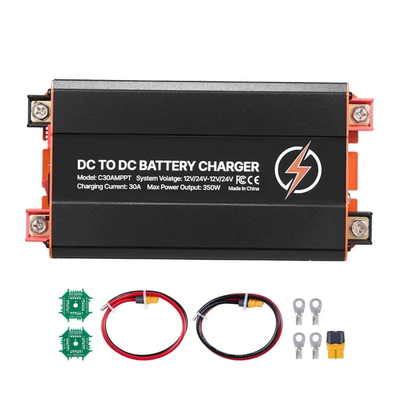 KFFKFF DC to DC Charger with MPPT, 350W, 30A On-Board Battery Charger,Dual Input for Solar Panels and Alternators, Intelligent Multi-Stage Charging for LiFePO4 and Lead-Acid Batteries,12V/24V-12V/24V