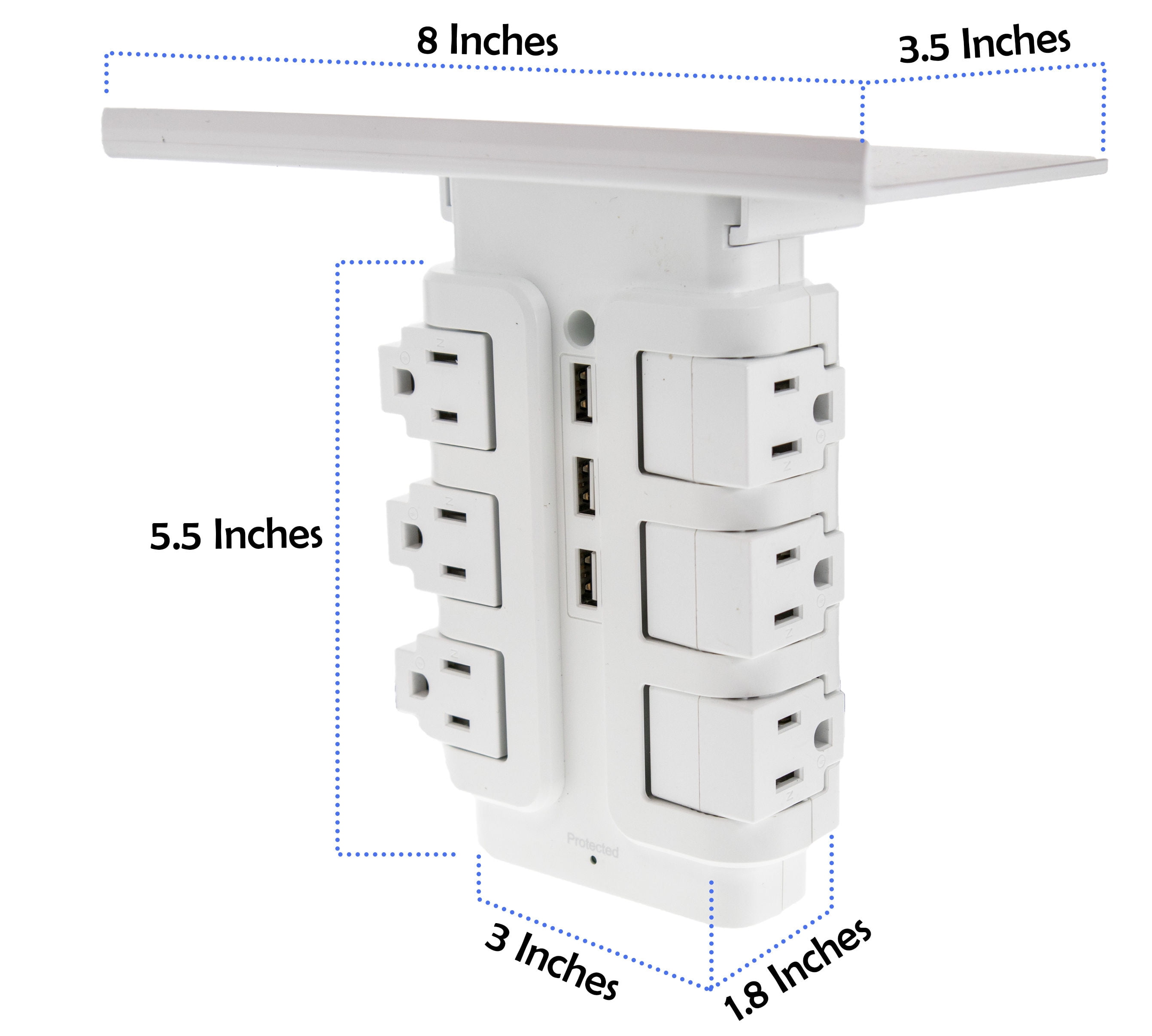 Wall Power Rotating Outlet Shelf - 6 Rotating Outlets + 3 Fast Charging USB - Rotating Electrical Socket Power Stand Holder - Space Saving + Surge Protector