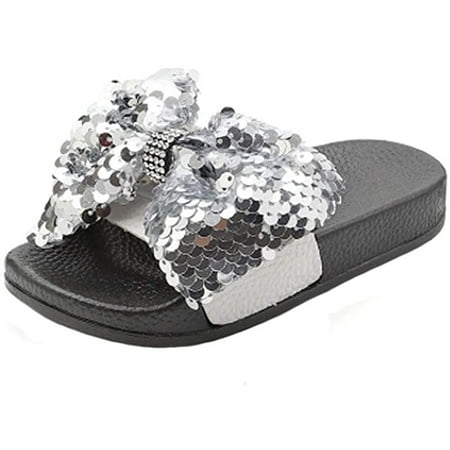 

Girls Glitter Slides Slippers Black Sequin Bow Shoes for Kids Beach PVC Molded Footbed Flatform Sandals